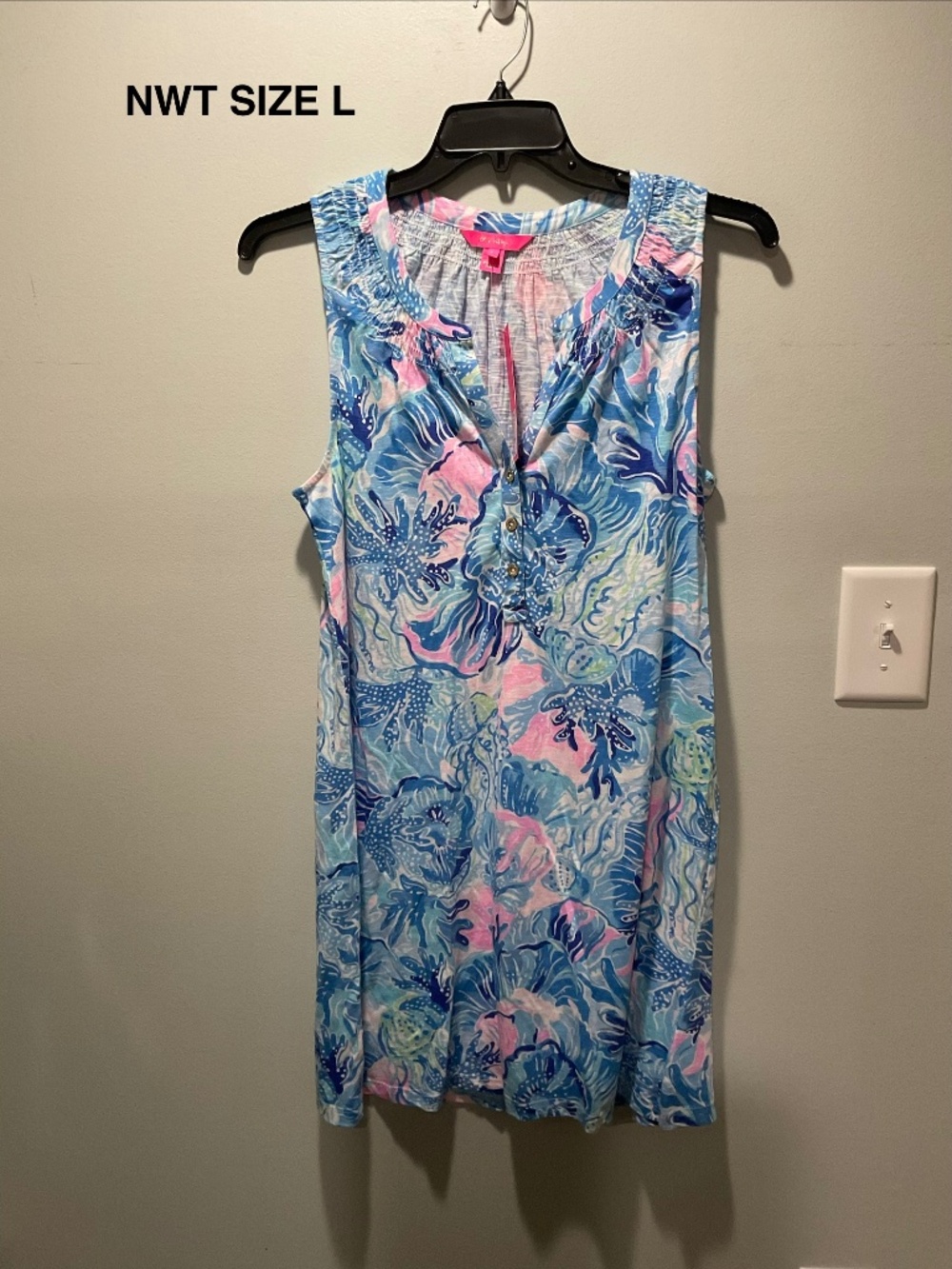 LILLY PULITZER ESSIE DRESS, SALTWATER BLUE PATTERN SIZE L NWT